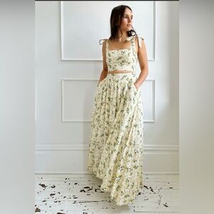 Floral Pleated Midi Skirt w/. Pockets & Floral Bandeau Top w/ tie shoulders
